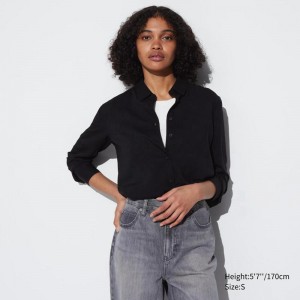 Uniqlo Rayon Long Sleeved Women Blouse Black US | GOUR-57809