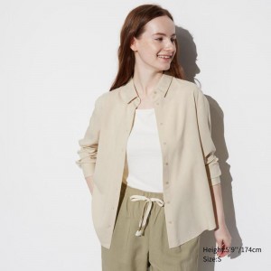 Uniqlo Rayon Long Sleeved Women Blouse Beige US | AZHJ-86952