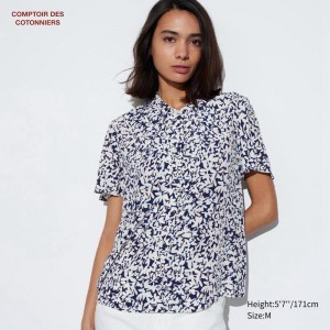 Uniqlo Rayon (Print, Short Sleeve) Women Shirts White US | ZFQG-74083