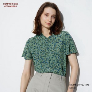 Uniqlo Rayon (Print, Short Sleeve) Women Shirts Blue US | NGEJ-50712