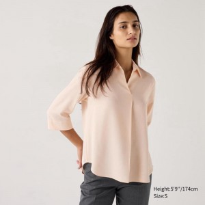 Uniqlo Rayon Skipper Collar (3/4 Sleeve) Women Blouse Pink US | YWQN-82906