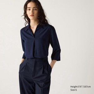 Uniqlo Rayon Skipper Collar (3/4 Sleeve) Women Blouse Navy US | MLUA-30874