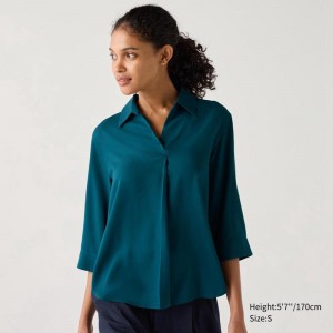 Uniqlo Rayon Skipper Collar (3/4 Sleeve) Women Blouse Green US | JBZD-64387