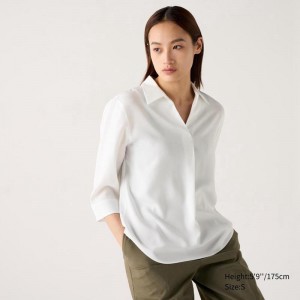 Uniqlo Rayon Skipper Collar (3/4 Sleeve) Women Blouse White US | ZGHI-10743