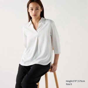 Uniqlo Rayon Skipper Collar (Stripe, 3/4 Sleeve) Women Blouse Off White US | CGQK-62308