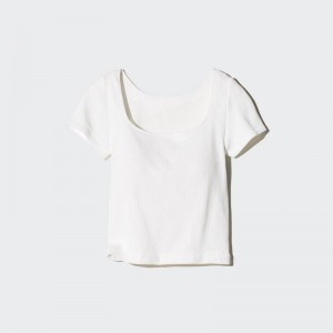 Uniqlo Ribbed Cropped Square Neck Women T-Shirts White US | YBCG-60421