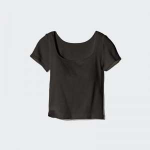 Uniqlo Ribbed Cropped Square Neck Women T-Shirts Dark Brown US | ZSGK-80957