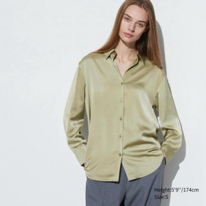 Uniqlo Satin Long Sleeved Women Blouse Green US | ZESQ-24097