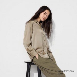 Uniqlo Satin Women Blouse Beige US | QXNV-27916