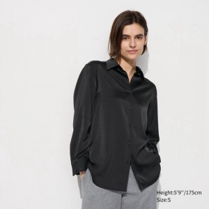 Uniqlo Satin Women Blouse Black US | HTMJ-12096