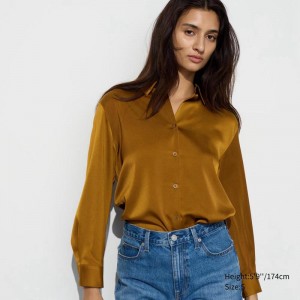 Uniqlo Satin Women Blouse Brown US | XHOK-86092