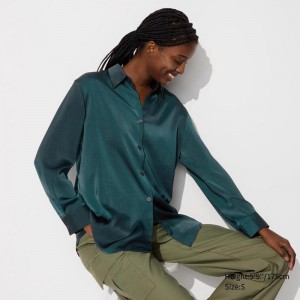 Uniqlo Satin Women Blouse Dark Green US | JXDZ-98650