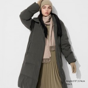 Uniqlo Seamless Down Long Women Coats Dark Green US | ORNT-04396