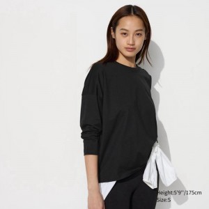 Uniqlo Smooth Cotton Oversized (Long Sleeve) Women T-Shirts Black US | TUKX-45726