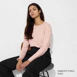 Uniqlo Smooth Cotton Stretch Crew Neck Long Sleeve Women T-Shirts Pink US | RPJF-24715