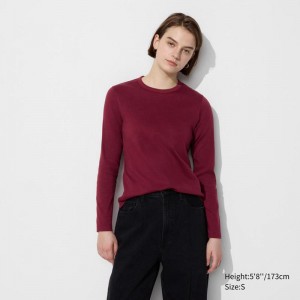 Uniqlo Smooth Cotton Stretch Crew Neck Long Sleeve Women T-Shirts Wine US | EMAT-79504