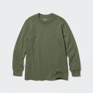 Uniqlo Soft Brushed Cotton Crew Neck Long Sleeved Men T-Shirt Olive US | LFRZ-43510