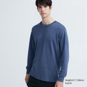 Uniqlo Soft Brushed Cotton Crew Neck Long Sleeved Men T-Shirt Blue US | GXAV-40865