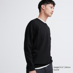 Uniqlo Soft Brushed Cotton Crew Neck Long Sleeved Men T-Shirt Black US | BSJX-54709