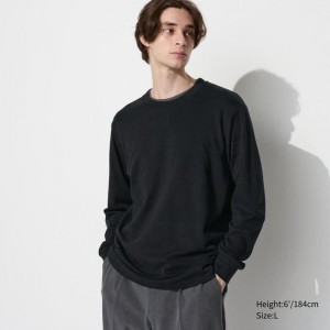 Uniqlo Soft Brushed Crew Neck (Long Sleeve) Men T-Shirt Black US | WOAH-16857