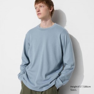 Uniqlo Soft Brushed Crew Neck (Long Sleeve) Men T-Shirt Blue US | OTRM-35092