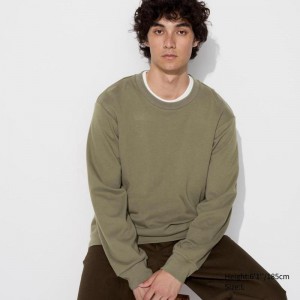 Uniqlo Soft Brushed Crew Neck (Long Sleeve) Men T-Shirt Olive US | VYWX-81753