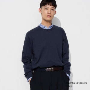 Uniqlo Soft Brushed Crew Neck (Long Sleeve) Men T-Shirt Navy US | EZUA-46507