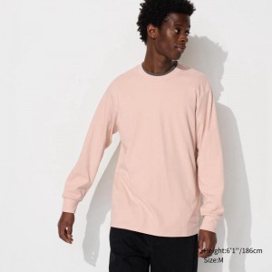 Uniqlo Soft Brushed Crew Neck (Long Sleeve) Men T-Shirt Pink US | GLBU-89346