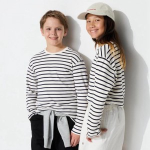 Uniqlo Soft Brushed Crew Neck Long Sleeve (Stripe) Kids' T-Shirt Off White US | SZQC-70916