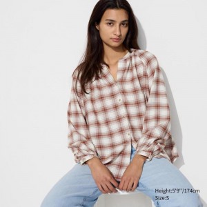 Uniqlo Soft Flannel Gathered (Check) Women Blouse Red US | EXKI-51493