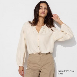 Uniqlo Soft Flannel Gathered Women Blouse Off White US | AZRO-95130