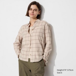 Uniqlo Soft Flannel Skipper (Check) Women Shirts Beige US | ZQOS-25970