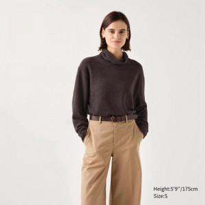 Uniqlo Soft Knit Fleece Ribbed High Neck (Long Sleeve) Women T-Shirts Dark Brown US | KQOG-17935