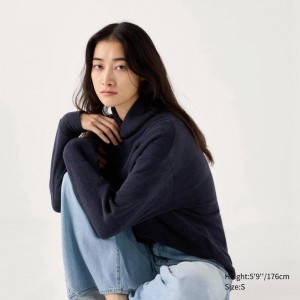 Uniqlo Soft Knit Fleece Ribbed High Neck (Long Sleeve) Women T-Shirts Navy US | MFTV-19375