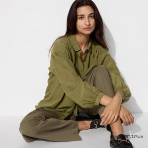 Uniqlo Soft Lawn Gathered Women Blouse Olive US | GZHW-53749