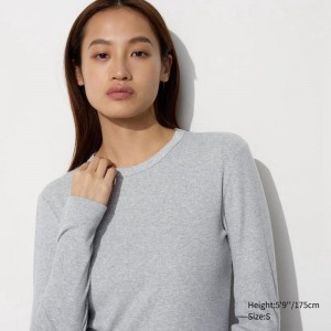 Uniqlo Soft Ribbed Crew Neck (Long Sleeve) Women T-Shirts Grey US | UNHW-85142