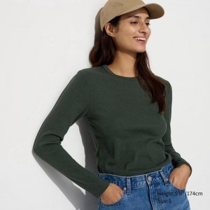 Uniqlo Soft Ribbed Crew Neck (Long Sleeve) Women T-Shirts Dark Green US | IHEL-29018