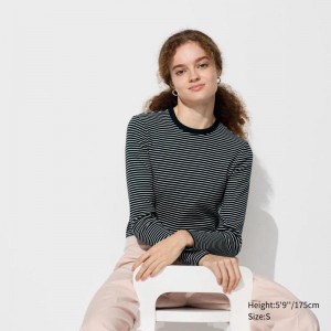 Uniqlo Soft Ribbed Fitted Crew Neck (Stripe) Women T-Shirts Black US | OZUP-45382