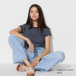 Uniqlo Soft Ribbed (Stripe) Women T-Shirts Navy US | BNIC-43217