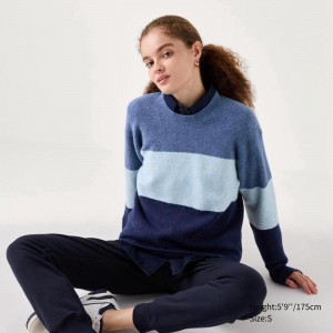 Uniqlo Soufflé Yarn Crew Neck (Colour Block) Women Jumper Blue US | MXJT-95142