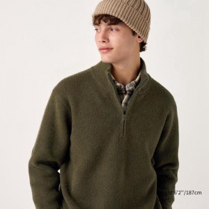 Uniqlo Soufflé Yarn Half-Zip Men Jumper Olive US | CXUR-15703