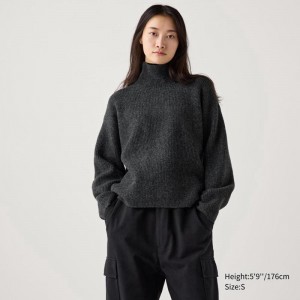 Uniqlo Soufflé Yarn High Neck Women Jumper Dark Grey US | RNJB-80591