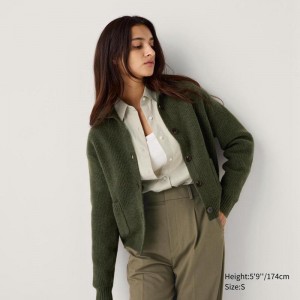 Uniqlo Soufflé Yarn Knit Blouson Women Cardigans Olive US | DTCA-35879