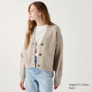 Uniqlo Soufflé Yarn V Neck Short Women Cardigans Beige US | XIUY-96135