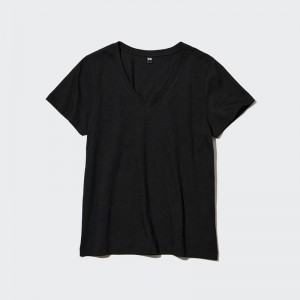 Uniqlo Supima Cotton V Neck Women T-Shirts Black US | EMGB-86579