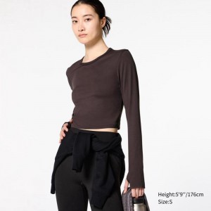 Uniqlo Ultra Stretch AIRism Cropped (Long Sleeve) Women T-Shirts Dark Brown US | SEWC-63275