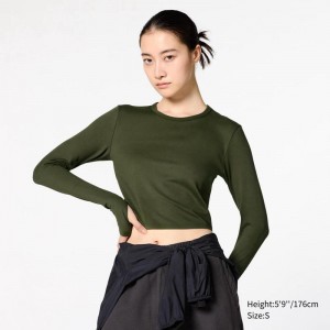 Uniqlo Ultra Stretch AIRism Cropped (Long Sleeve) Women T-Shirts Dark Green US | TMBC-74182