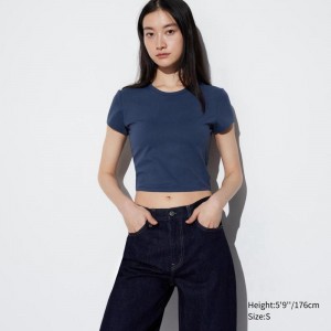 Uniqlo Ultra Stretch AIRism Cropped Women T-Shirts Navy US | QPKV-92816