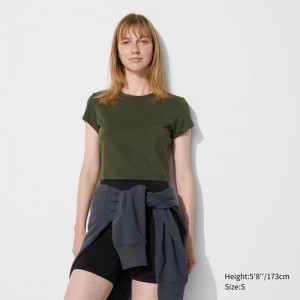 Uniqlo Ultra Stretch AIRism Cropped Women T-Shirts Dark Green US | HYZP-36954