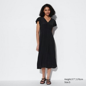 Uniqlo V Neck (Short Sleeved) Women Dress Black US | XEFK-67349